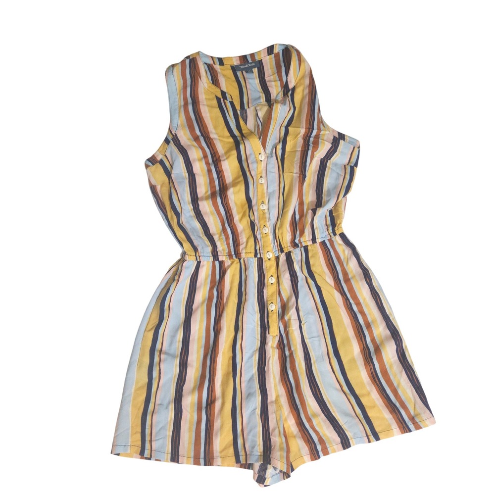 ModCloth Womens Striped Sleeveless Romper Yellow Blue Brown Button Front Size M
